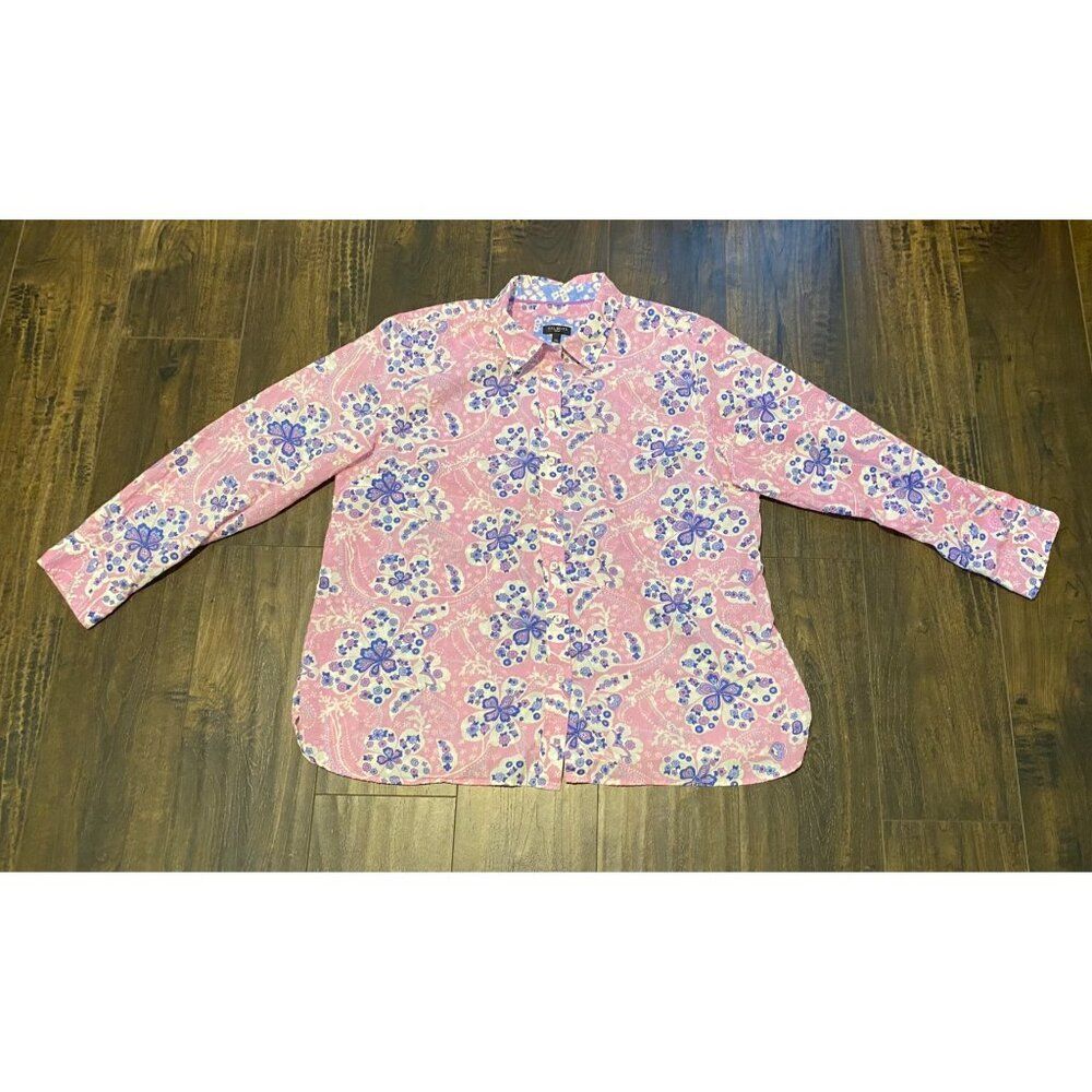 Talbots Petite XLP Pink Floral Button-Up Shirt Textured Polka Dot Boho Cottage - Picture 10 of 14